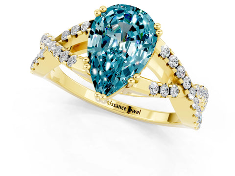 Yellow gold Pear Cut Blue Topaz Solitaire Ring with Four-Prong Setting and Twisted Pavé Band_1