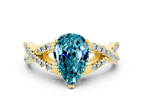 Yellow gold Pear Cut Blue Topaz Solitaire Ring with Four-Prong Setting and Twisted Pavé Band