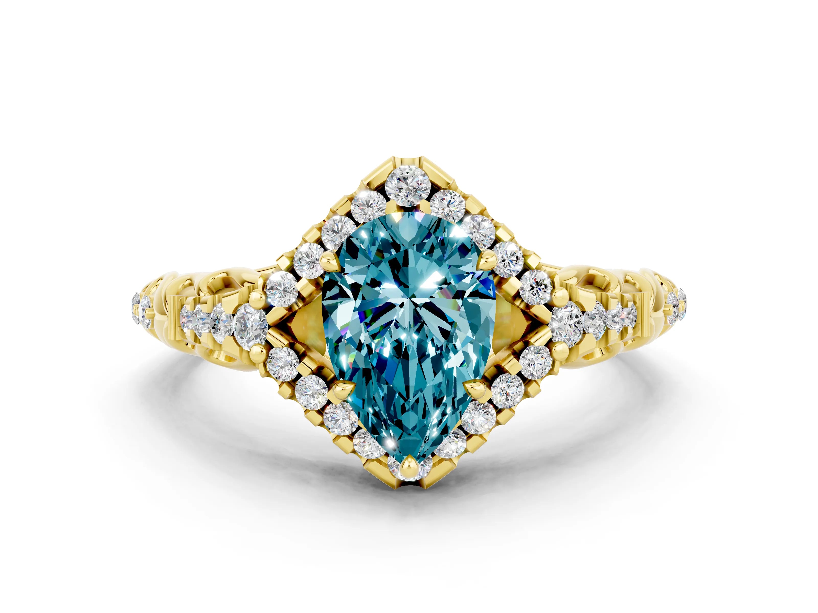 Yellow gold Pear Cut Blue Topaz Solitaire Ring with Hidden Halo and Pavé Band_12