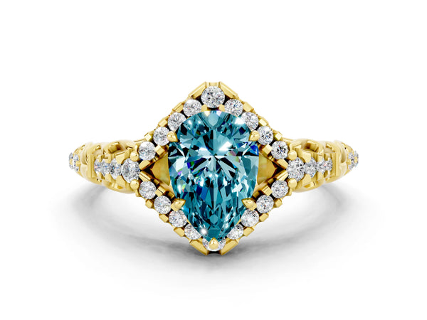 Yellow gold Pear Cut Blue Topaz Solitaire Ring with Hidden Halo and Pavé Band