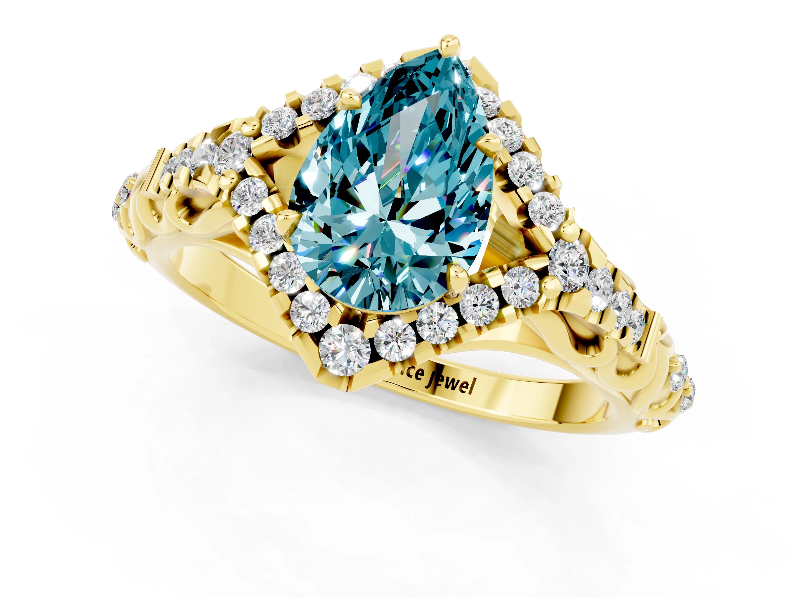 Yellow gold Pear Cut Blue Topaz Solitaire Ring with Hidden Halo and Pavé Band_13