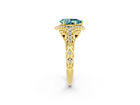 Yellow gold Pear Cut Blue Topaz Solitaire Ring with Hidden Halo and Pavé Band_14