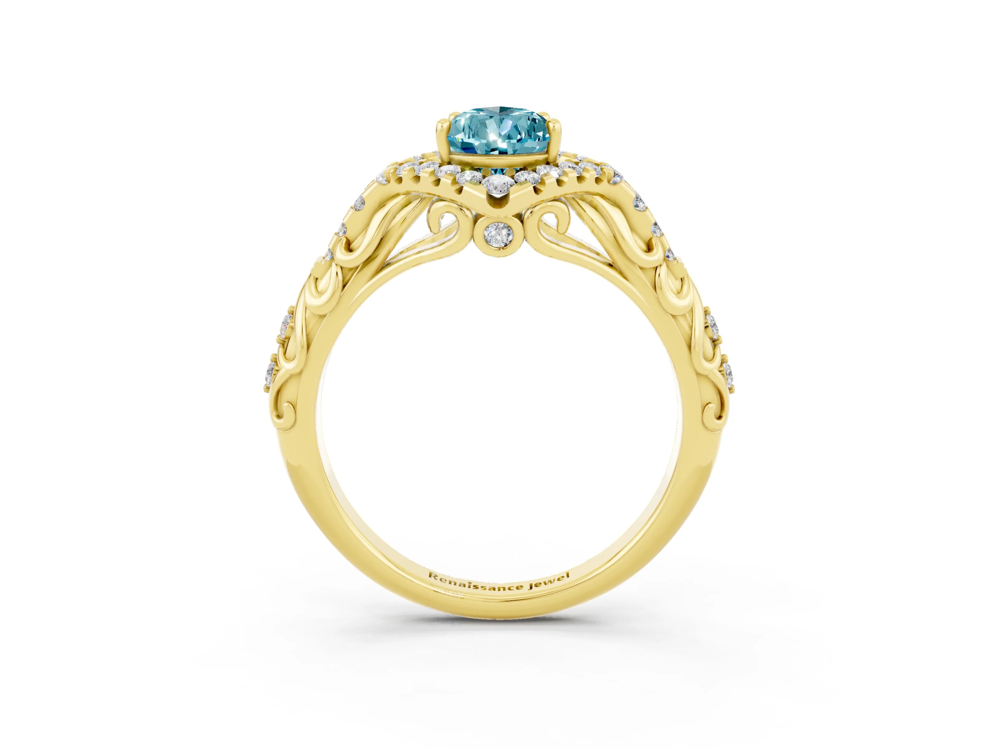 Yellow gold Pear Cut Blue Topaz Solitaire Ring with Hidden Halo and Pavé Band_15