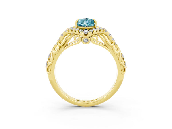 Yellow gold Pear Cut Blue Topaz Solitaire Ring with Hidden Halo and Pavé Band