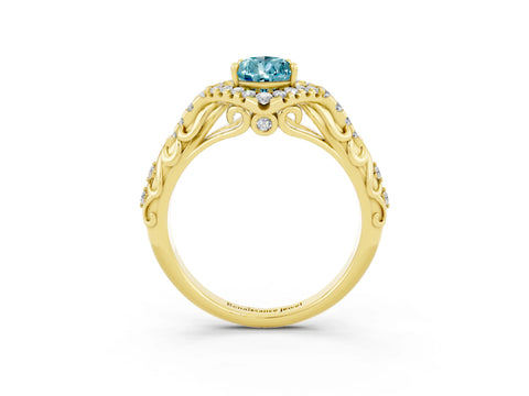 Yellow gold Pear Cut Blue Topaz Solitaire Ring with Hidden Halo and Pavé Band_15