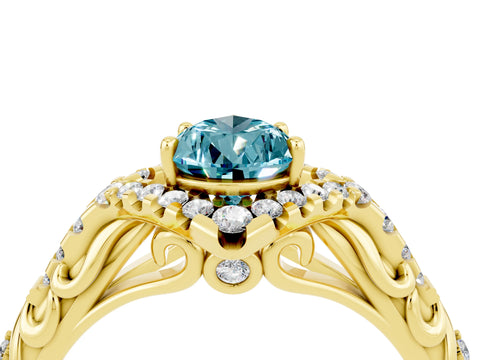 Yellow gold Pear Cut Blue Topaz Solitaire Ring with Hidden Halo and Pavé Band_16