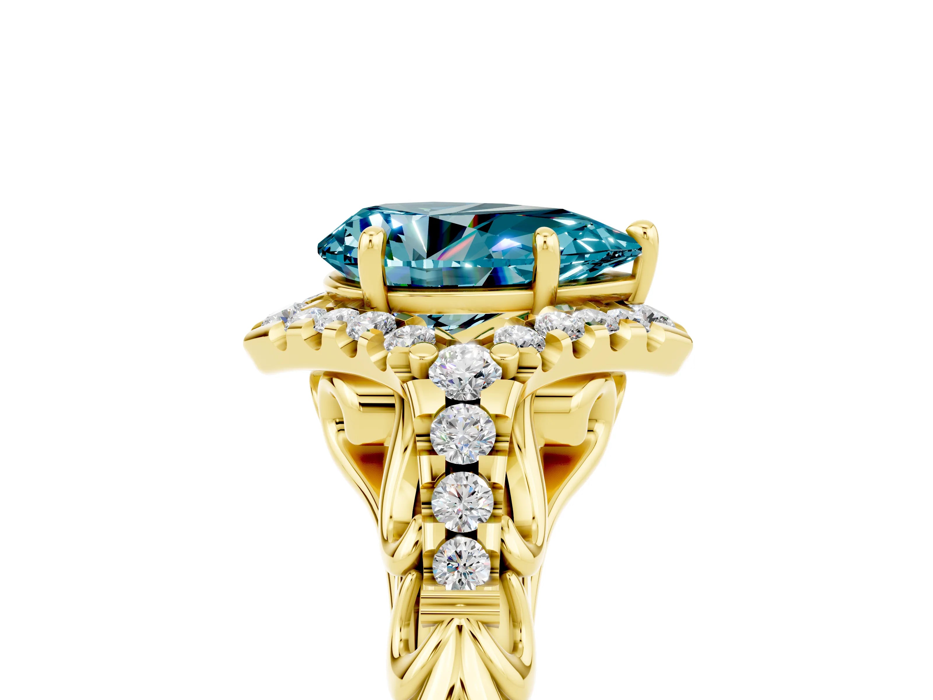 Yellow gold Pear Cut Blue Topaz Solitaire Ring with Hidden Halo and Pavé Band_17