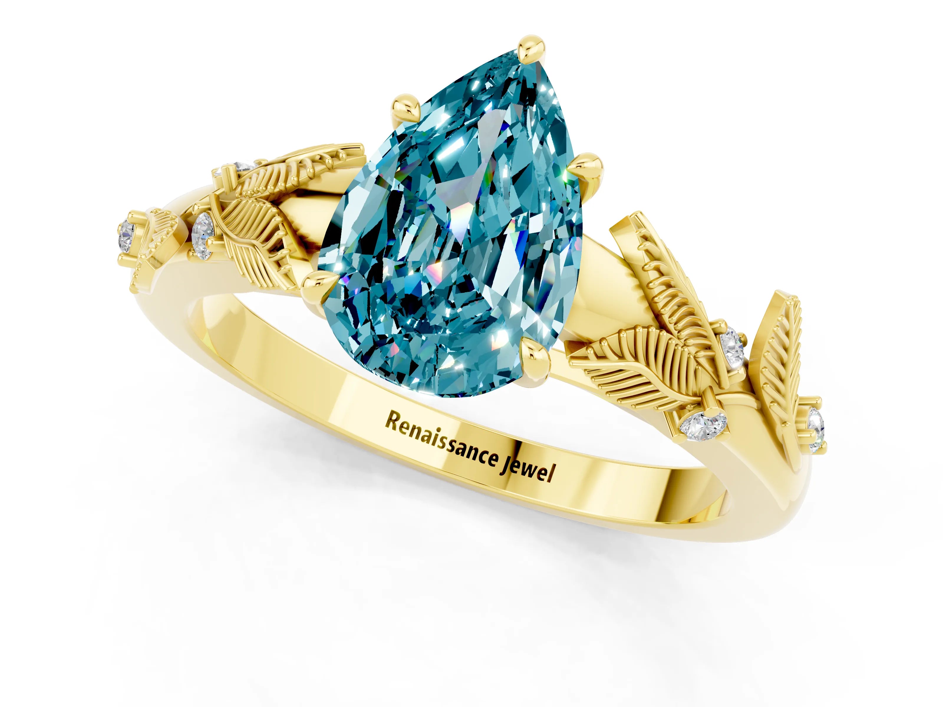 Yellow gold Pear Cut Blue Topaz Solitaire Ring with Leaf Motif Band and Four-Prong Setting_1