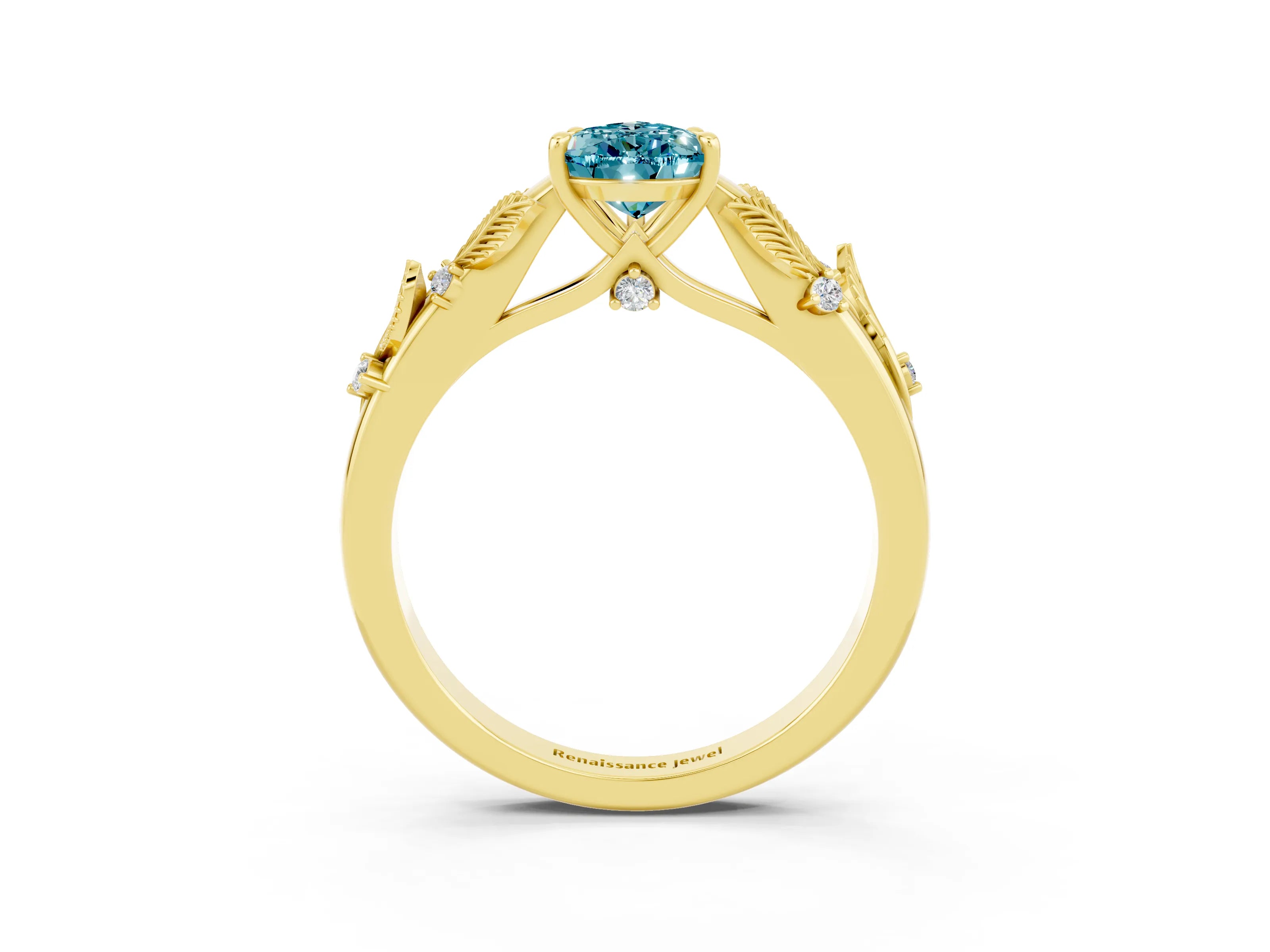 Yellow gold Pear Cut Blue Topaz Solitaire Ring with Leaf Motif Band and Four-Prong Setting_3