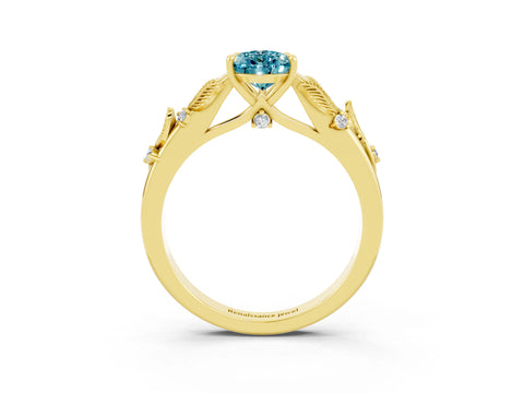 Yellow gold Pear Cut Blue Topaz Solitaire Ring with Leaf Motif Band and Four-Prong Setting_3