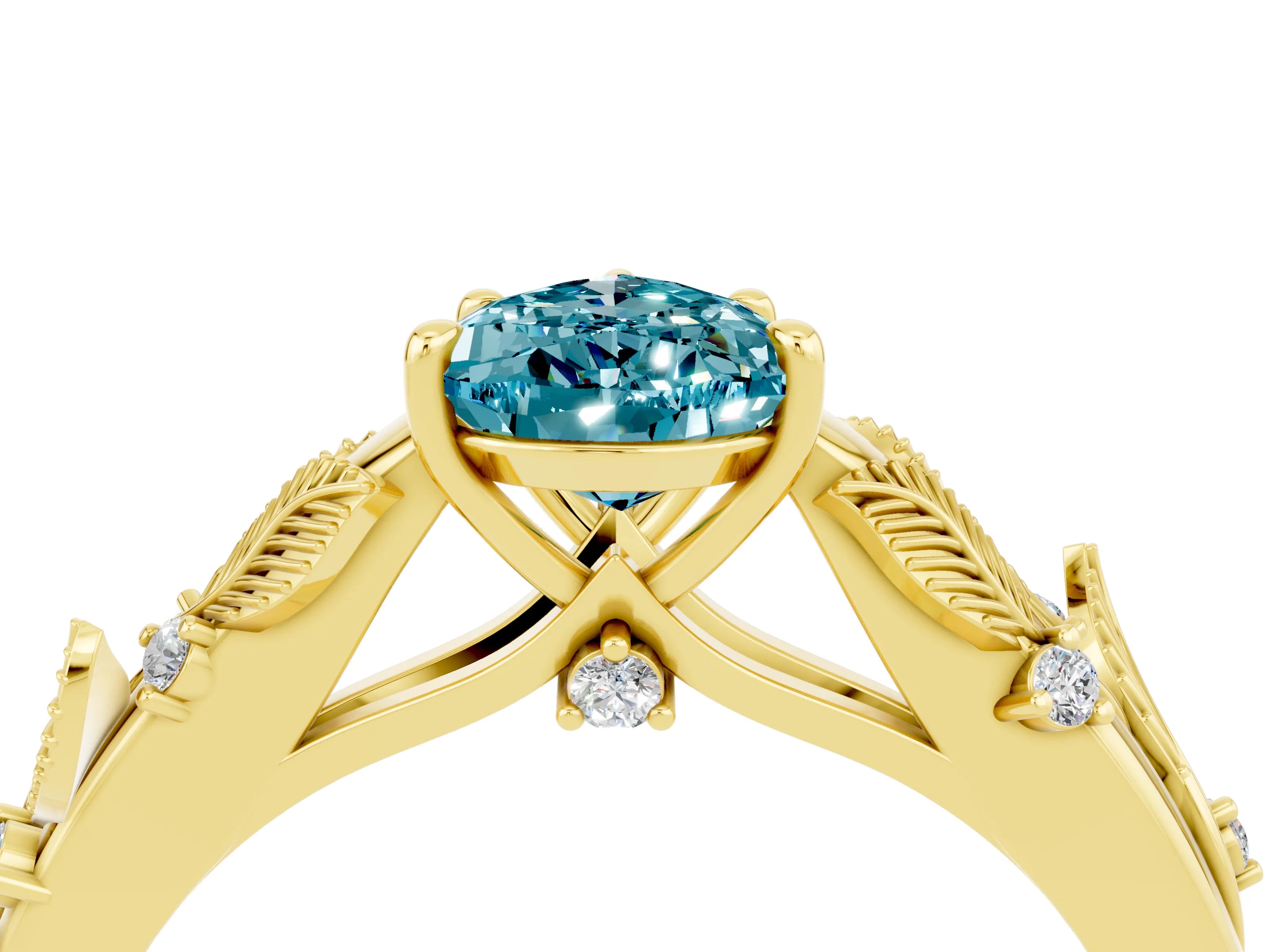 Yellow gold Pear Cut Blue Topaz Solitaire Ring with Leaf Motif Band and Four-Prong Setting_4