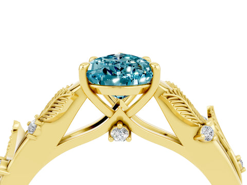 Yellow gold Pear Cut Blue Topaz Solitaire Ring with Leaf Motif Band and Four-Prong Setting_4