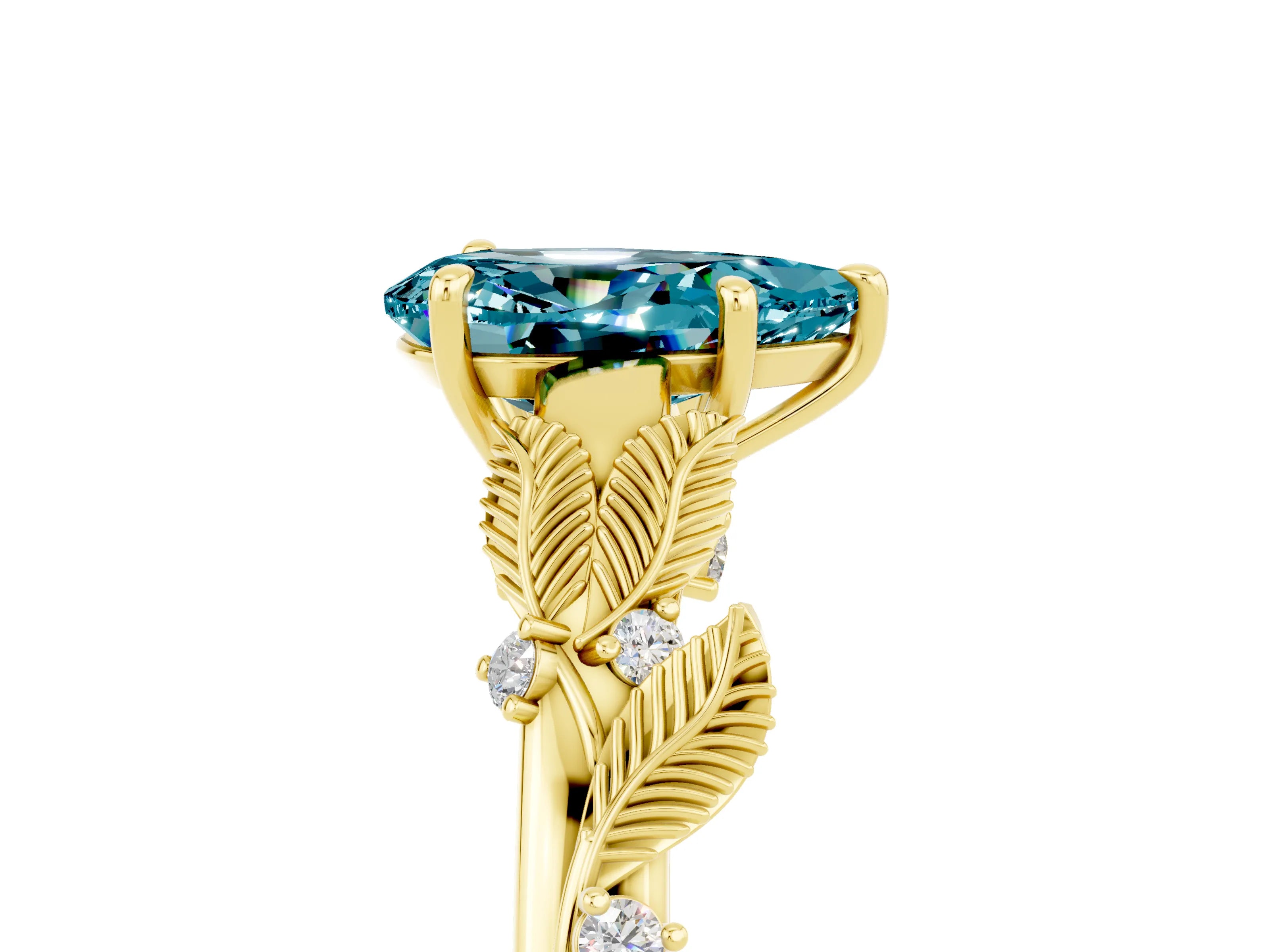 Yellow gold Pear Cut Blue Topaz Solitaire Ring with Leaf Motif Band and Four-Prong Setting_5