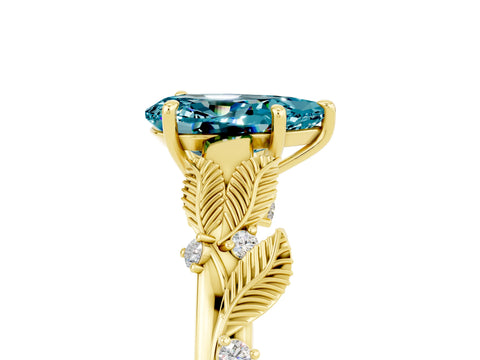 Yellow gold Pear Cut Blue Topaz Solitaire Ring with Leaf Motif Band and Four-Prong Setting_5