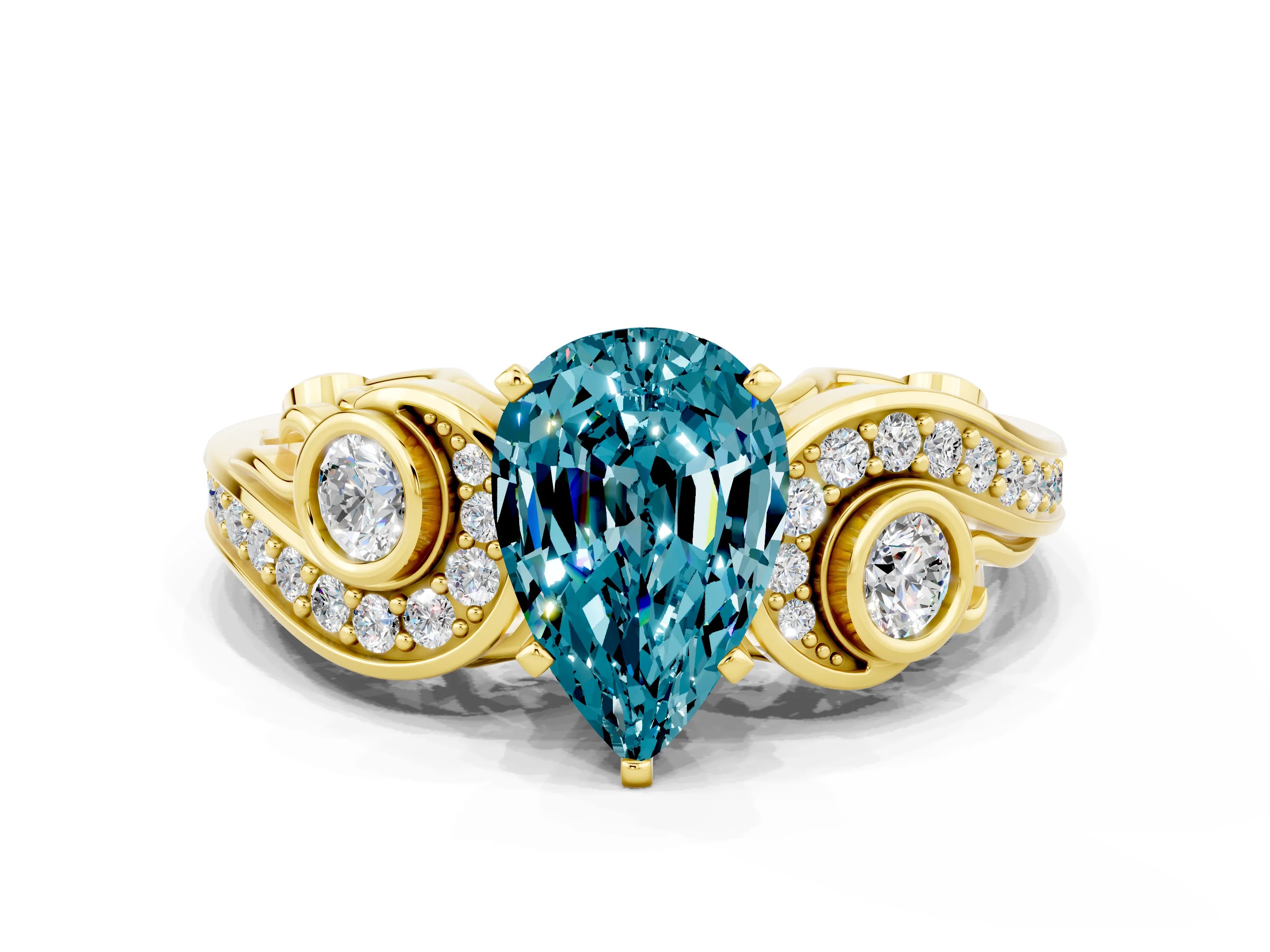 Yellow gold Pear Cut Blue Topaz Solitaire Ring with Milgrain Pavé Band and Four-Prong Setting_24