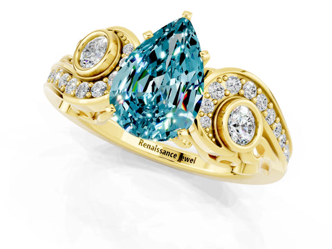 Yellow gold Pear Cut Blue Topaz Solitaire Ring with Milgrain Pavé Band and Four-Prong Setting_25