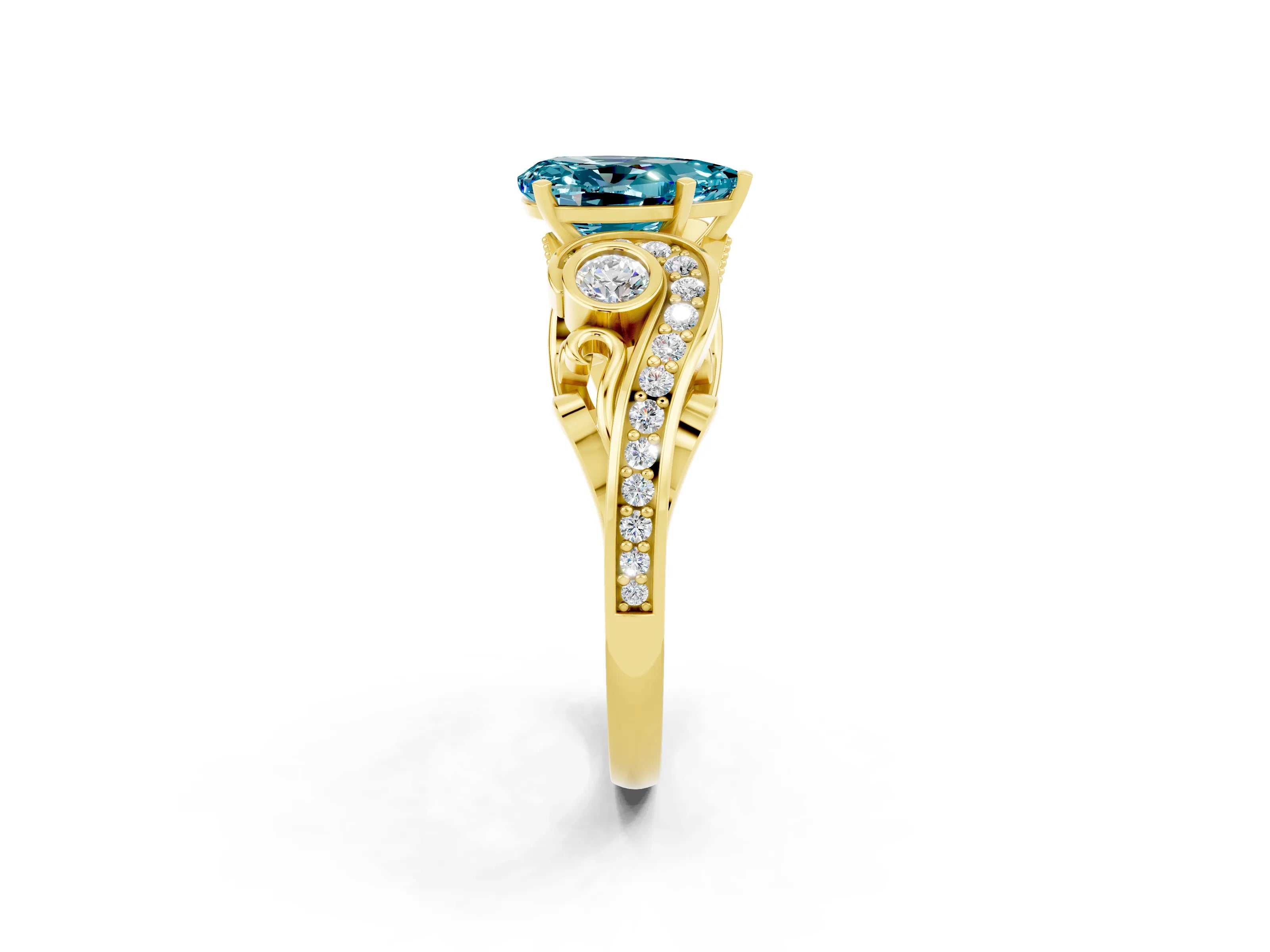 Yellow gold Pear Cut Blue Topaz Solitaire Ring with Milgrain Pavé Band and Four-Prong Setting_26