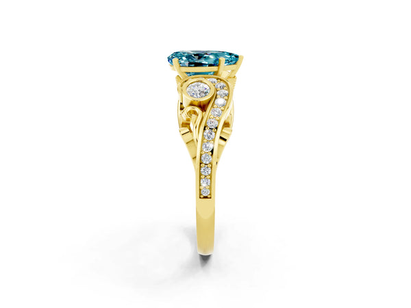 Yellow gold Pear Cut Blue Topaz Solitaire Ring with Milgrain Pavé Band and Four-Prong Setting