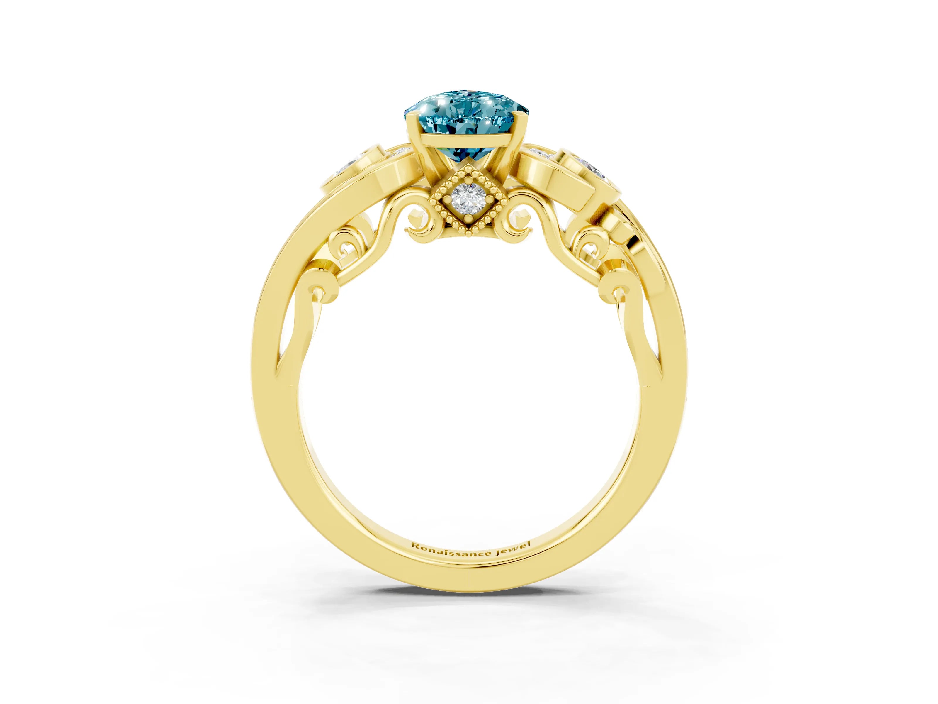 Yellow gold Pear Cut Blue Topaz Solitaire Ring with Milgrain Pavé Band and Four-Prong Setting_27