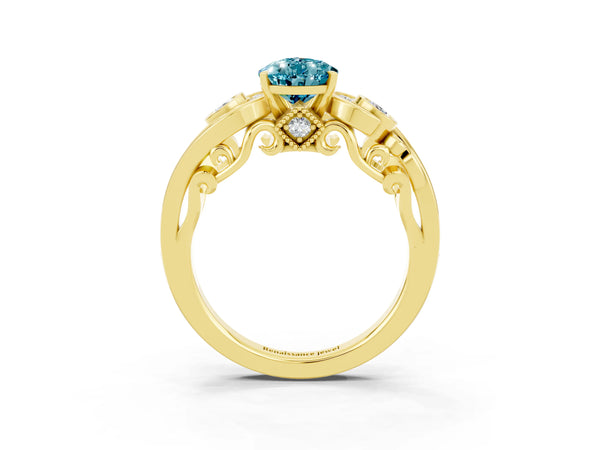 Yellow gold Pear Cut Blue Topaz Solitaire Ring with Milgrain Pavé Band and Four-Prong Setting