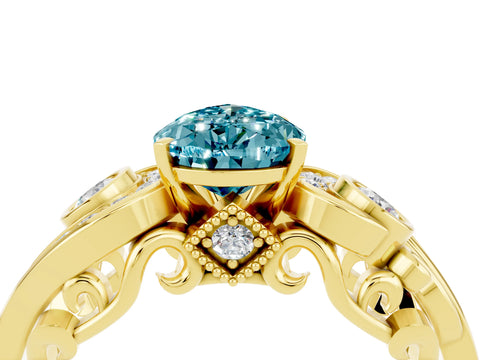 Yellow gold Pear Cut Blue Topaz Solitaire Ring with Milgrain Pavé Band and Four-Prong Setting_28