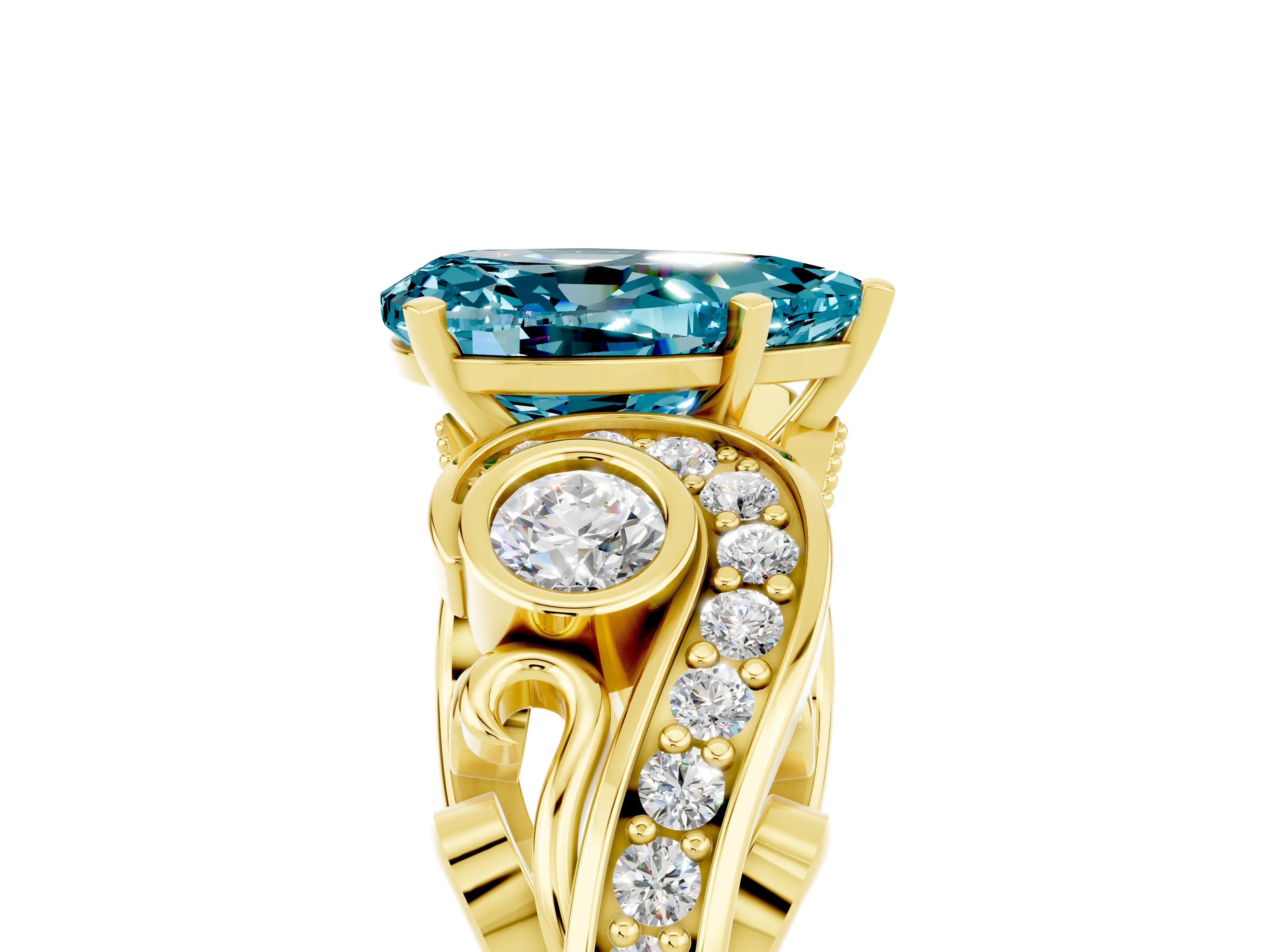 Yellow gold Pear Cut Blue Topaz Solitaire Ring with Milgrain Pavé Band and Four-Prong Setting_29