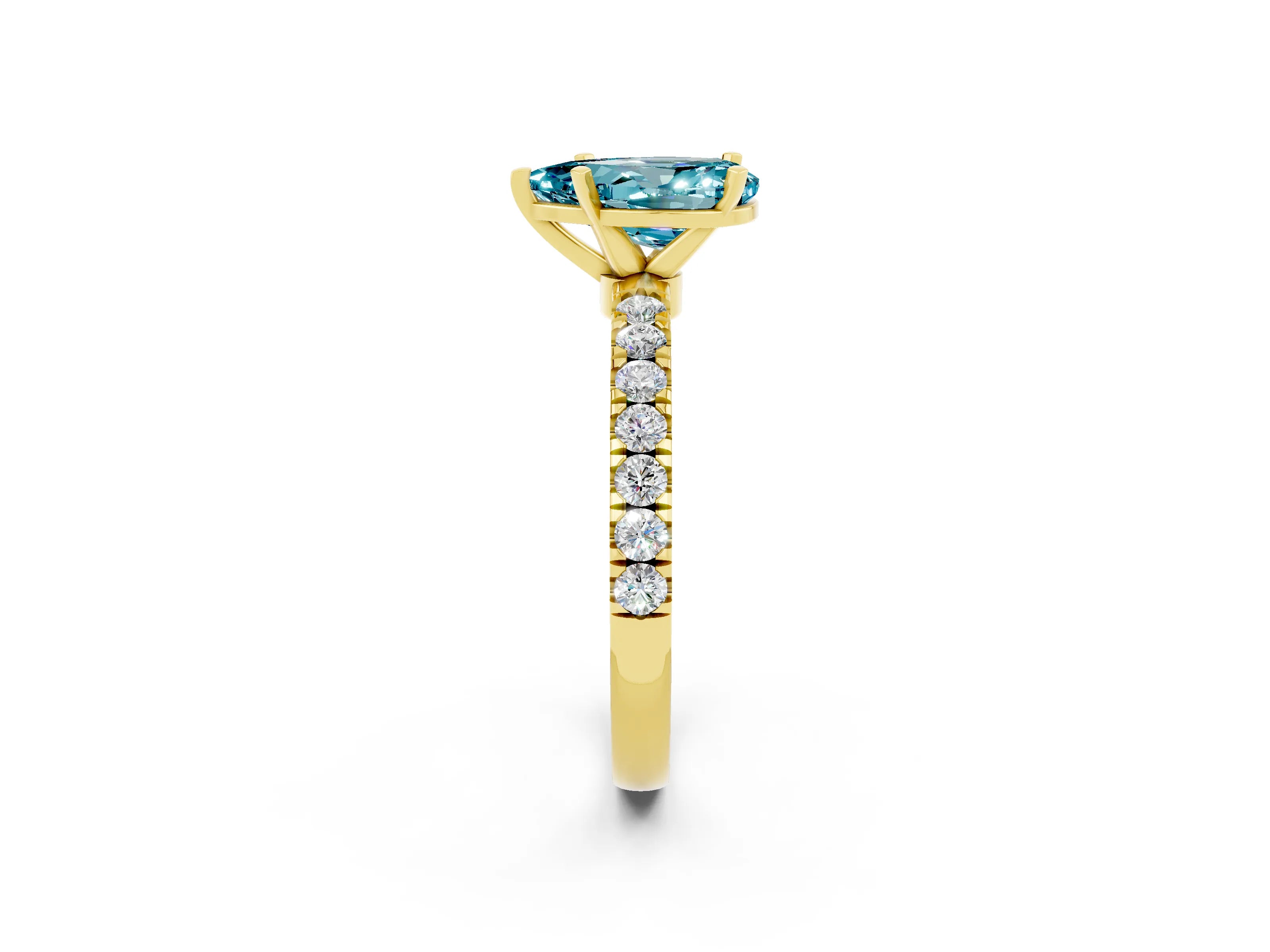 Yellow gold Pear Cut Blue Topaz Solitaire Ring with Pavé Accents and Four-Prong Setting_2