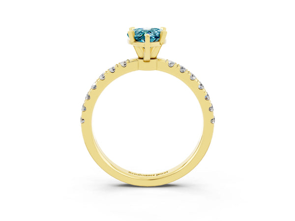Yellow gold Pear Cut Blue Topaz Solitaire Ring with Pavé Accents and Four-Prong Setting