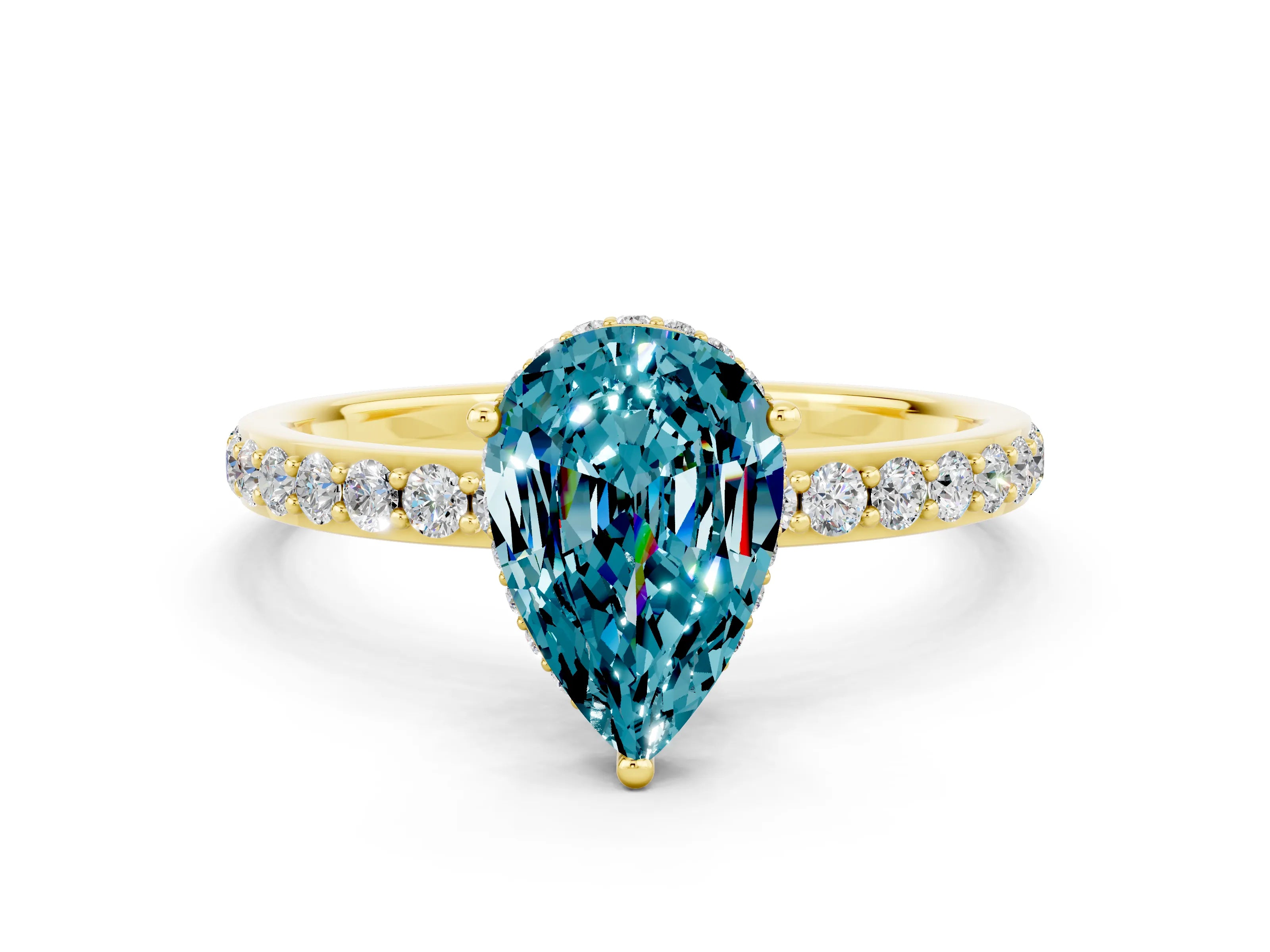 Yellow gold Pear Cut Blue Topaz Solitaire Ring with Pavé Band and Hidden Halo_12