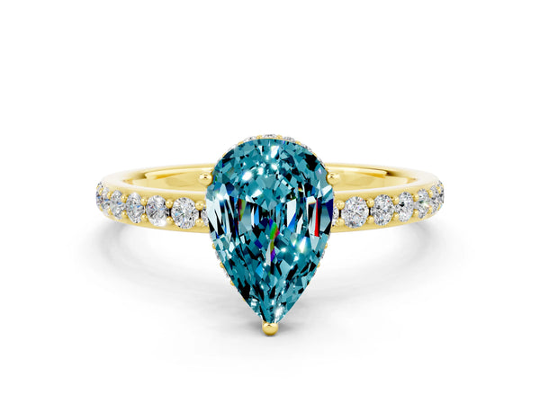 Yellow gold Pear Cut Blue Topaz Solitaire Ring with Pavé Band and Hidden Halo