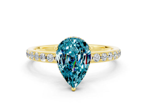 Yellow gold Pear Cut Blue Topaz Solitaire Ring with Pavé Band and Hidden Halo_12