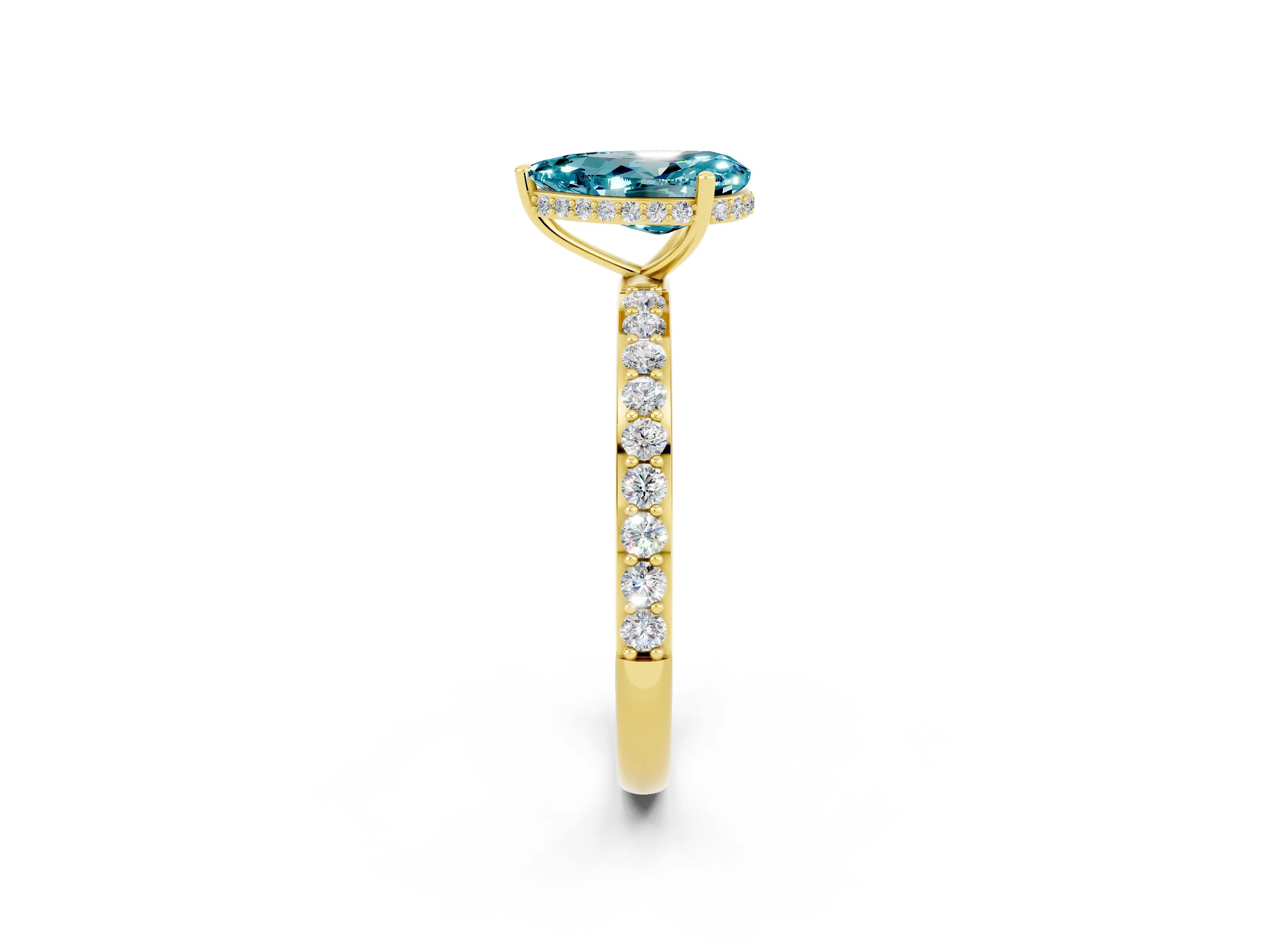 Yellow gold Pear Cut Blue Topaz Solitaire Ring with Pavé Band and Hidden Halo_14