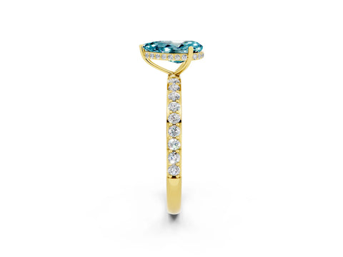 Yellow gold Pear Cut Blue Topaz Solitaire Ring with Pavé Band and Hidden Halo_14