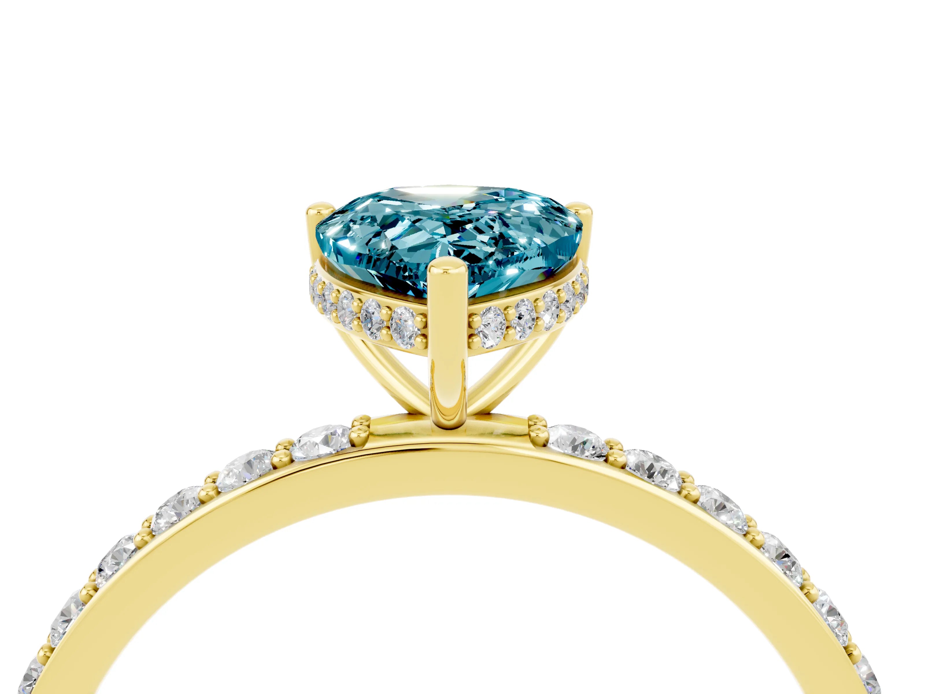 Yellow gold Pear Cut Blue Topaz Solitaire Ring with Pavé Band and Hidden Halo_16