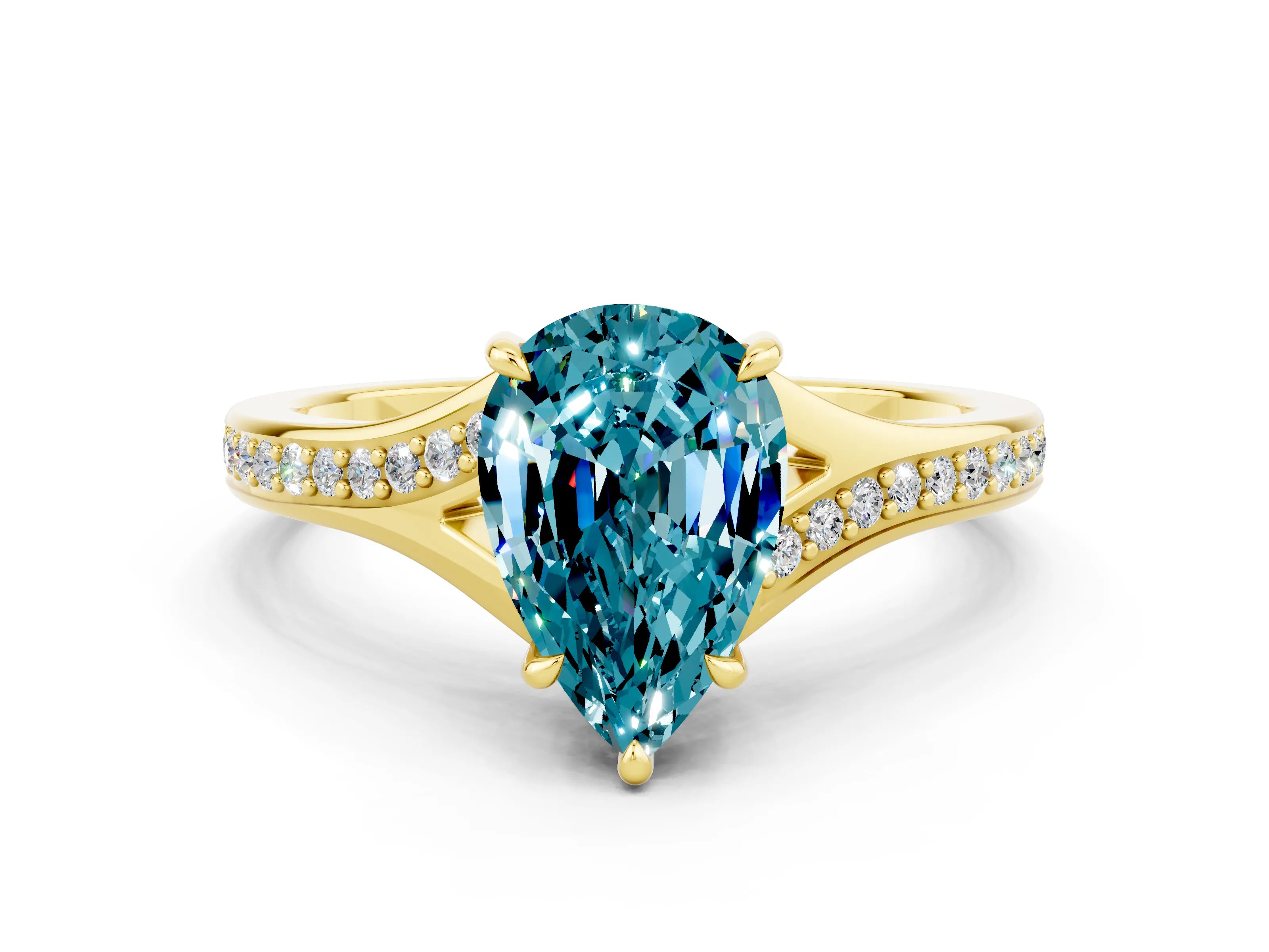 Yellow gold Pear Cut Blue Topaz Solitaire Ring with Pavé Band and Prong Setting