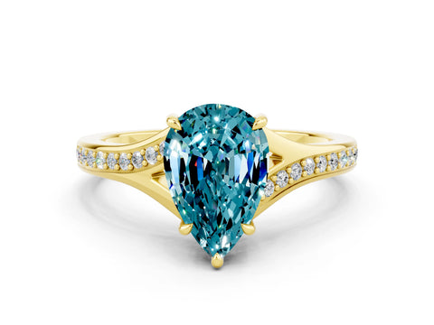 Yellow gold Pear Cut Blue Topaz Solitaire Ring with Pavé Band and Prong Setting_12