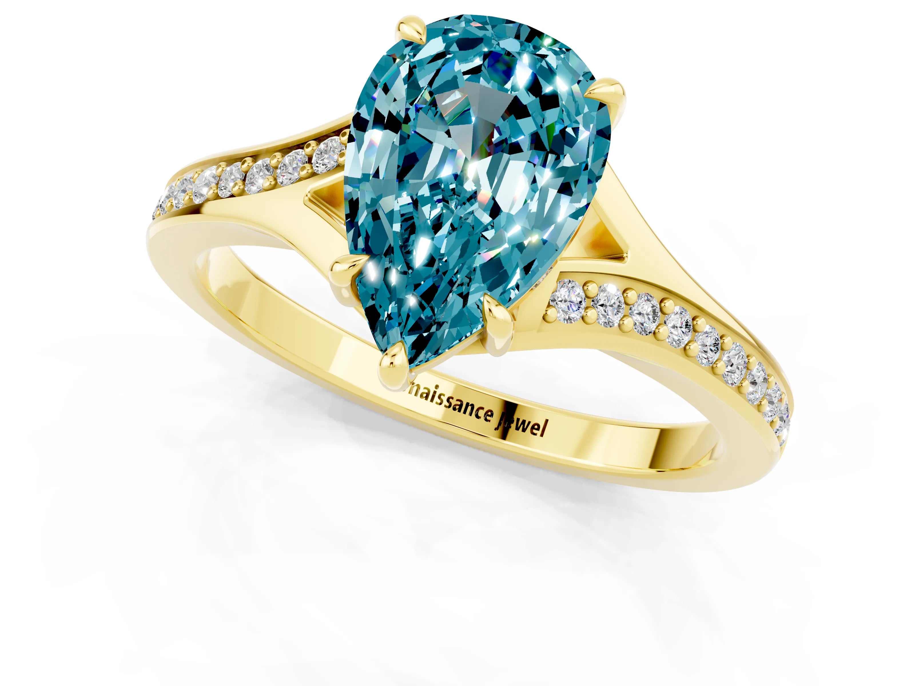 Yellow gold Pear Cut Blue Topaz Solitaire Ring with Pavé Band and Prong Setting_13