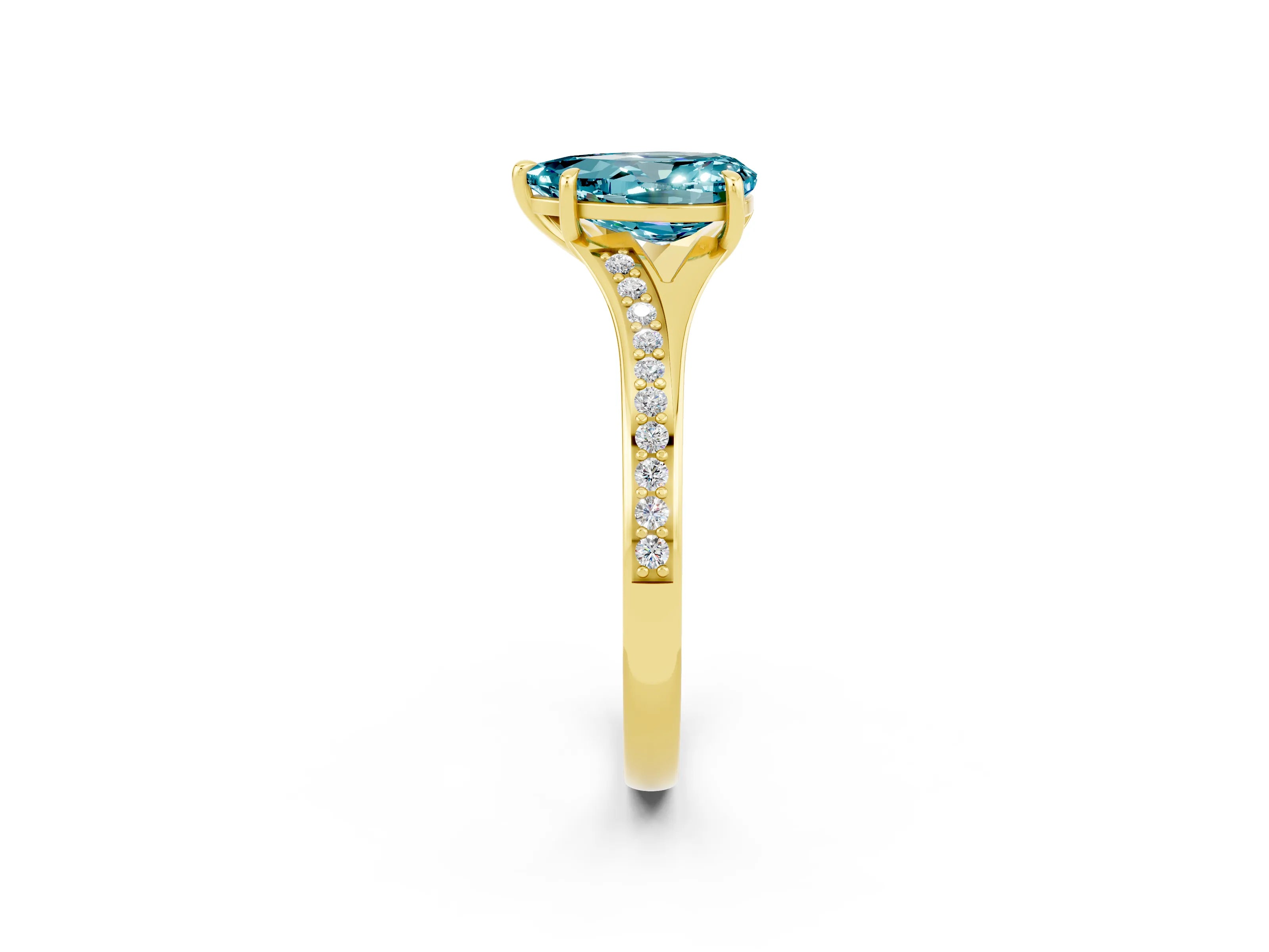 Yellow gold Pear Cut Blue Topaz Solitaire Ring with Pavé Band and Prong Setting_14