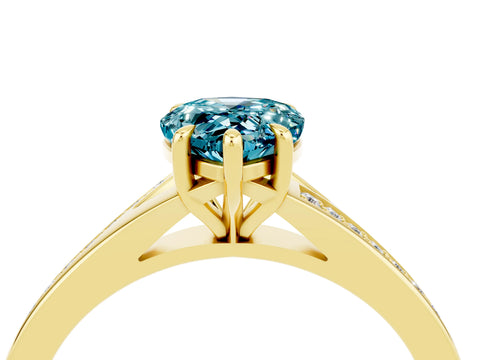 Yellow gold Pear Cut Blue Topaz Solitaire Ring with Pavé Band and Prong Setting_16