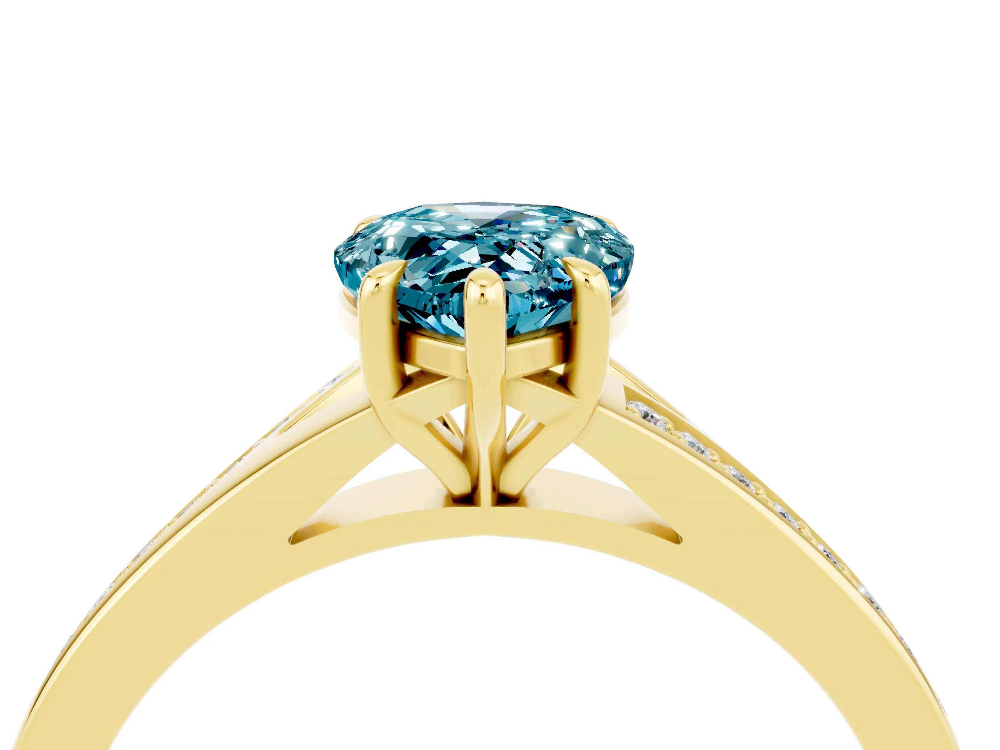 Yellow gold Pear Cut Blue Topaz Solitaire Ring with Pavé Band and Prong Setting_4