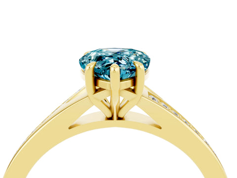 Yellow gold Pear Cut Blue Topaz Solitaire Ring with Pavé Band and Prong Setting_4