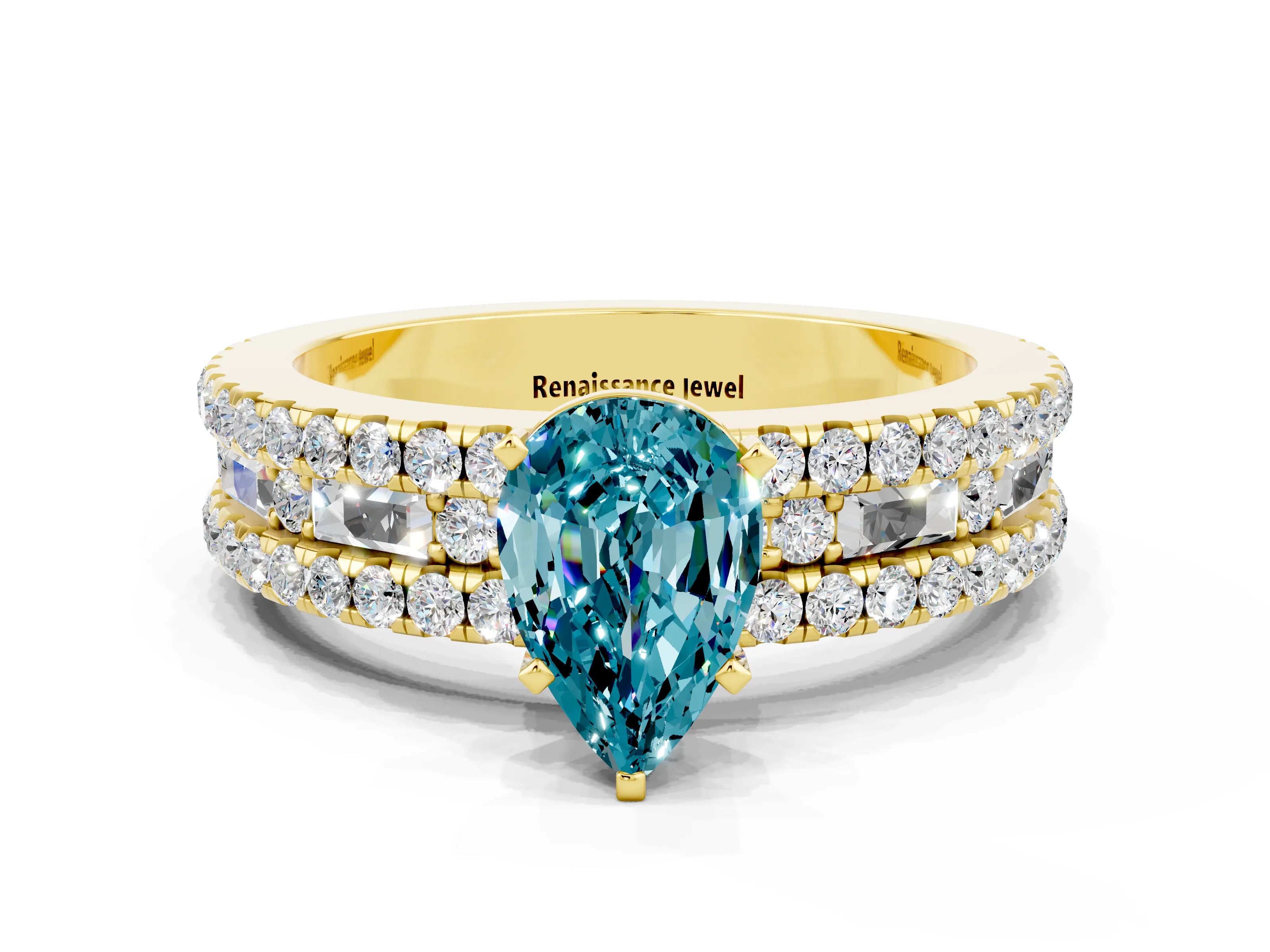 Yellow gold Pear Cut Blue Topaz Solitaire Ring with Pavé and Channel Set Band