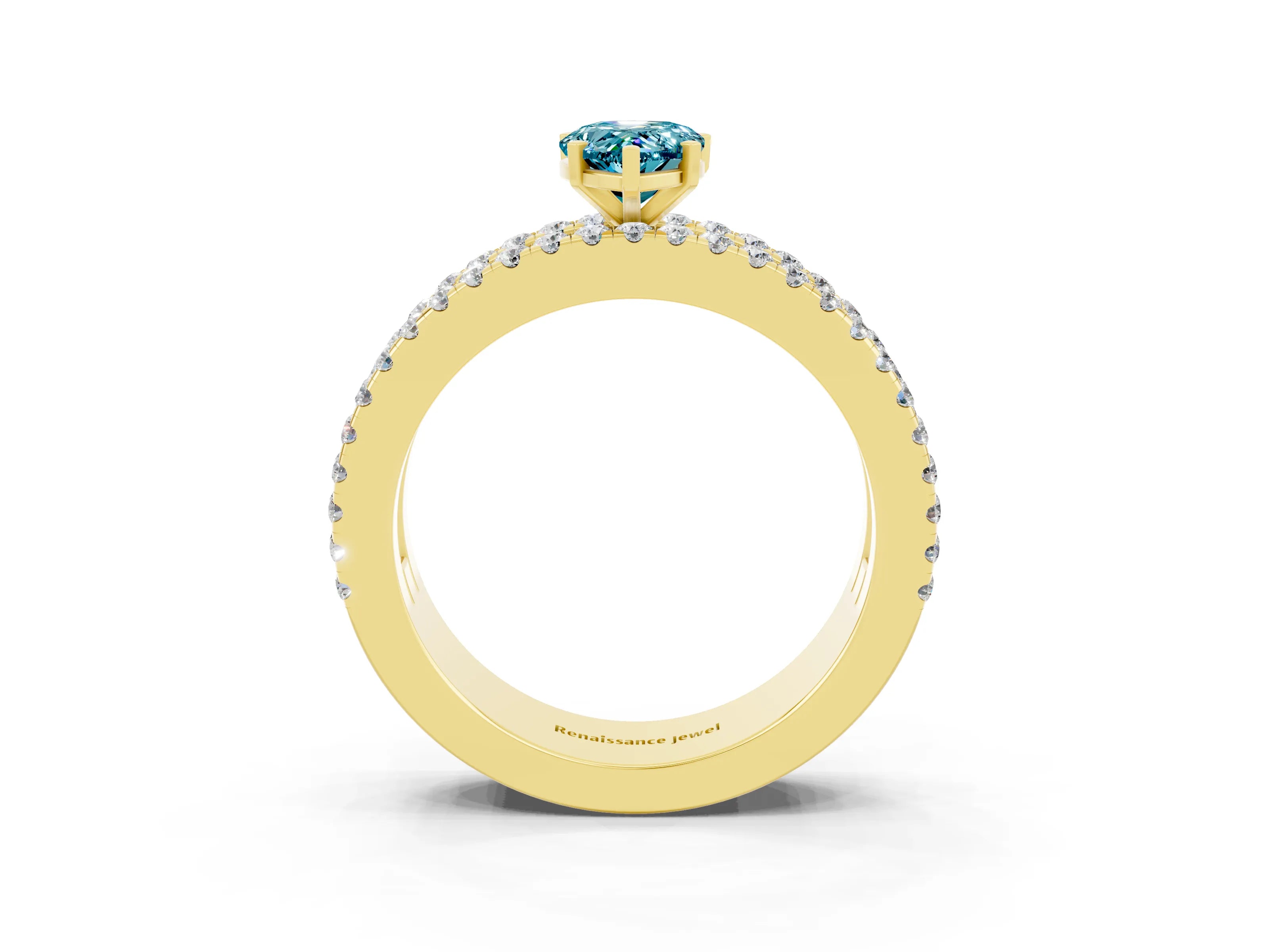 Yellow gold Pear Cut Blue Topaz Solitaire Ring with Pavé and Channel Set Band_3