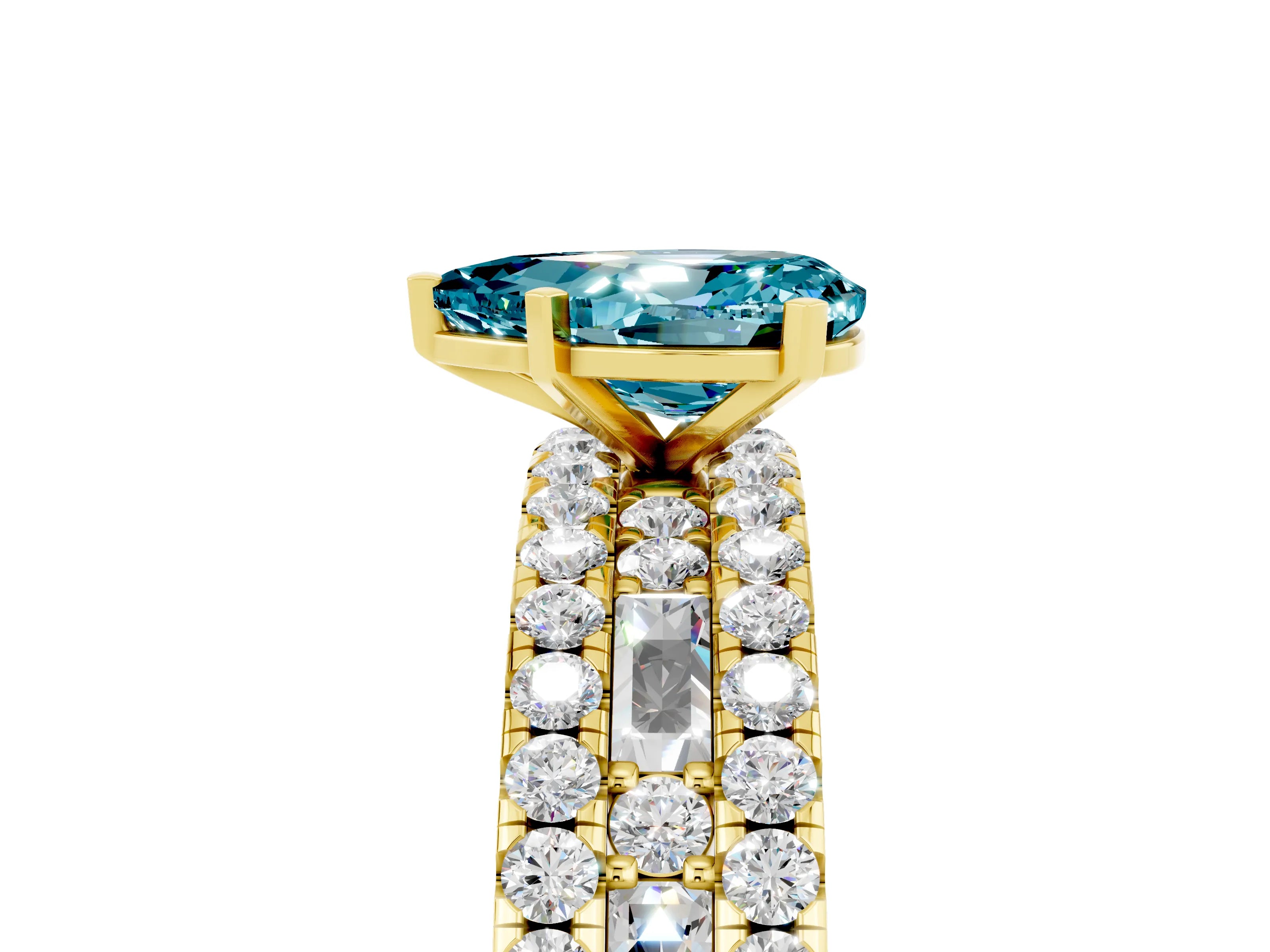 Yellow gold Pear Cut Blue Topaz Solitaire Ring with Pavé and Channel Set Band_5