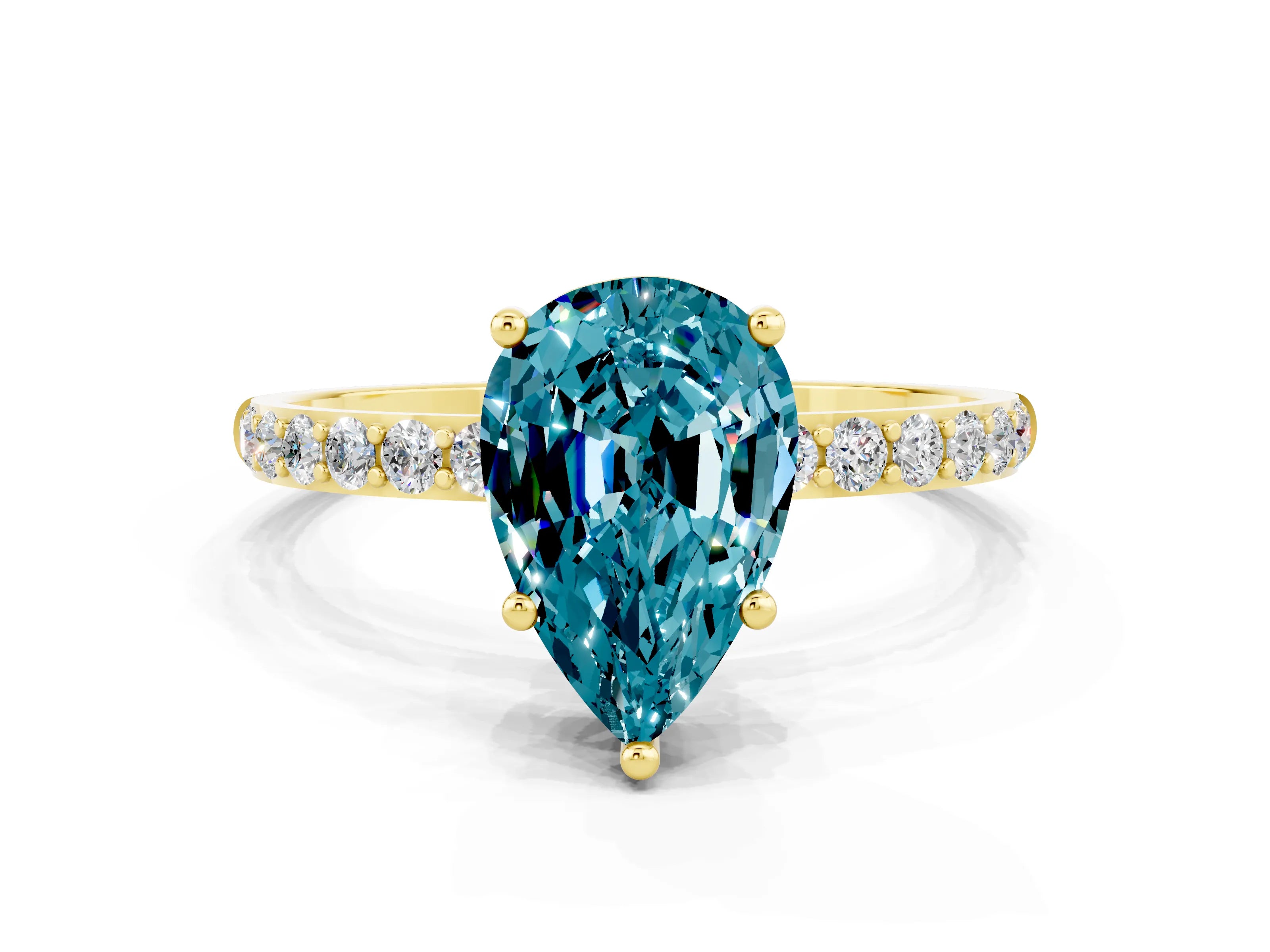 Yellow gold Pear Cut Blue Topaz Solitaire Ring with Pave Band and Four Prong Setting