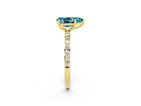 Yellow gold Pear Cut Blue Topaz Solitaire Ring with Pave Band and Four Prong Setting_2