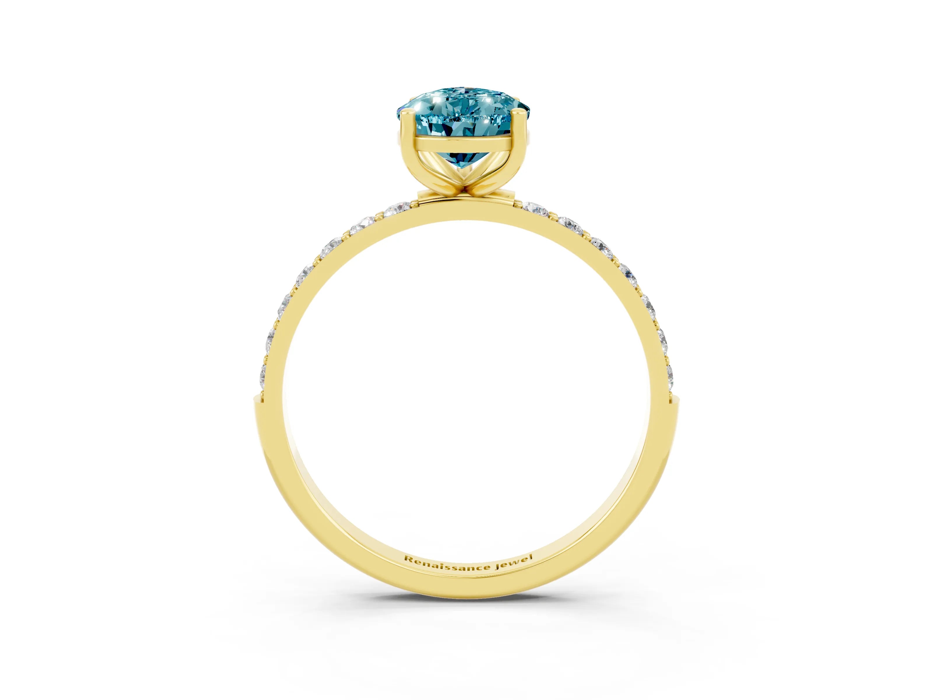 Yellow gold Pear Cut Blue Topaz Solitaire Ring with Pave Band and Four Prong Setting_3