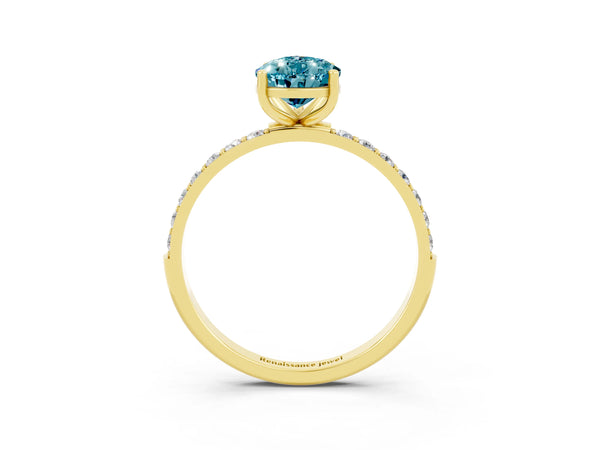 Yellow gold Pear Cut Blue Topaz Solitaire Ring with Round  Pavé Band and Prong Setting