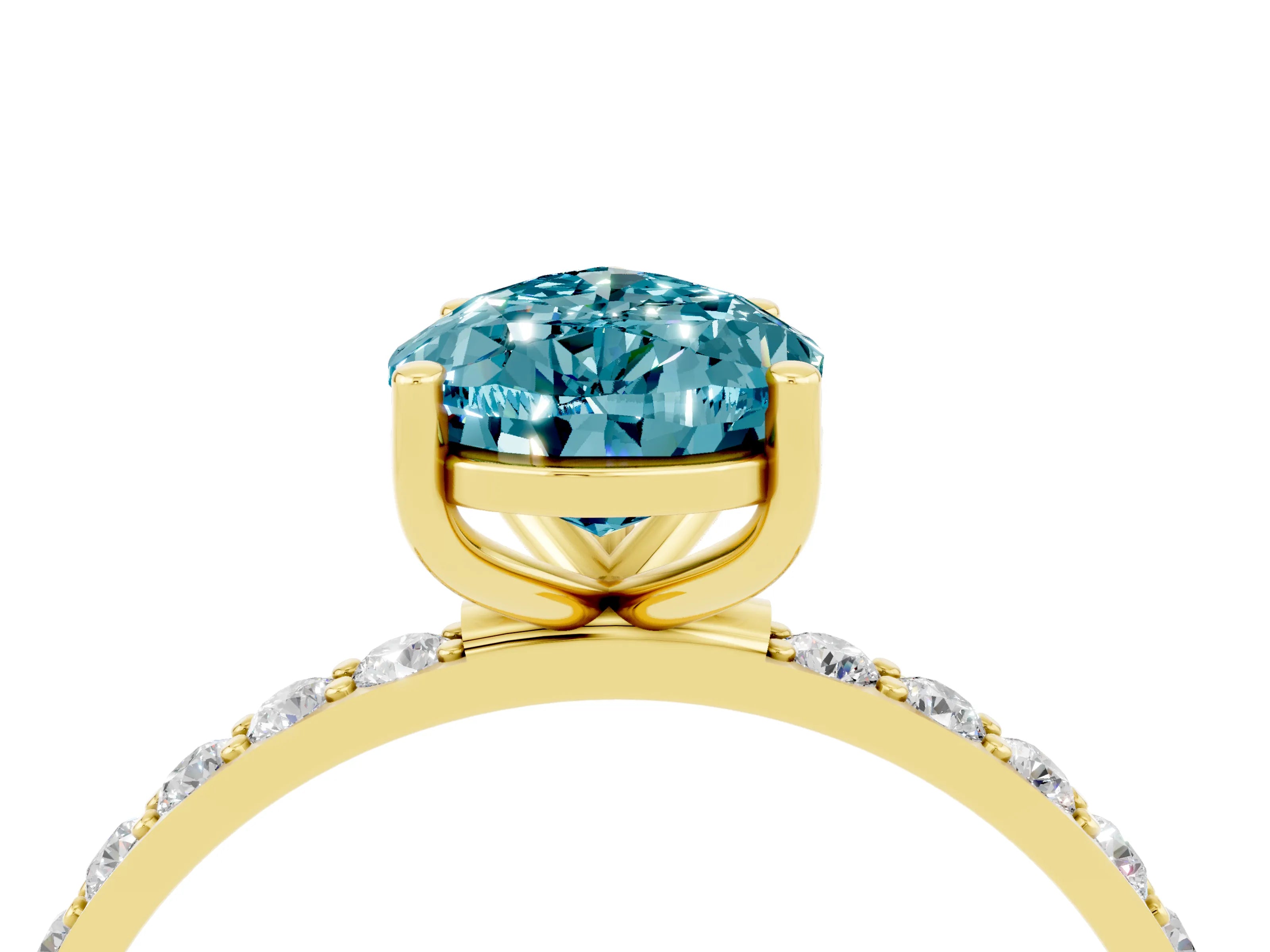 Yellow gold Pear Cut Blue Topaz Solitaire Ring with Pave Band and Four Prong Setting_4