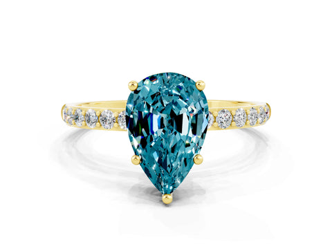 Yellow gold Pear Cut Blue Topaz Solitaire Ring with Pave Band and Four Prong Setting
